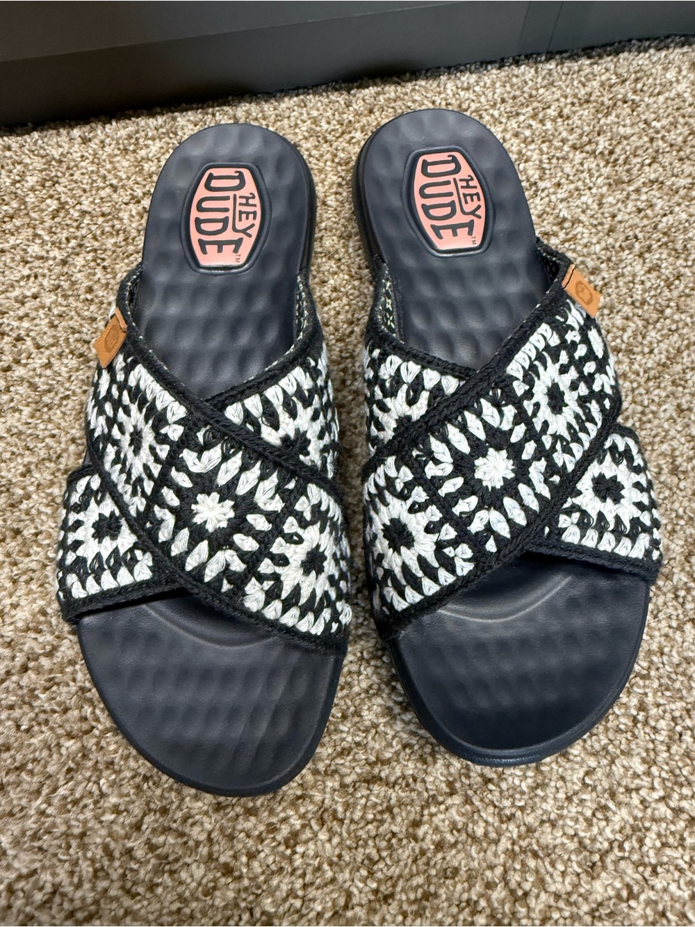 Hey Dude Black & White Crochet Crossover Slide Sandals